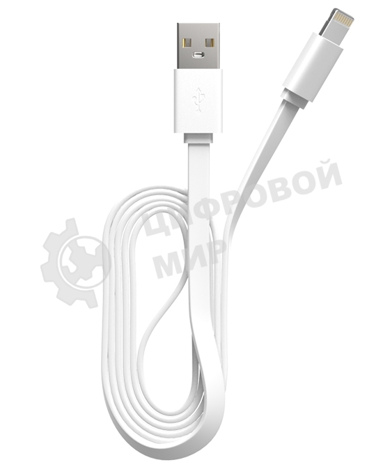 Кабель Maxvi MC-03F white USB-A - Lightning, 2A Плоский кабель, ток макс. нагрузки 2А, макс. напряжение 5V; стандарт USB 2.0; длина 1м, материал PVC, белый