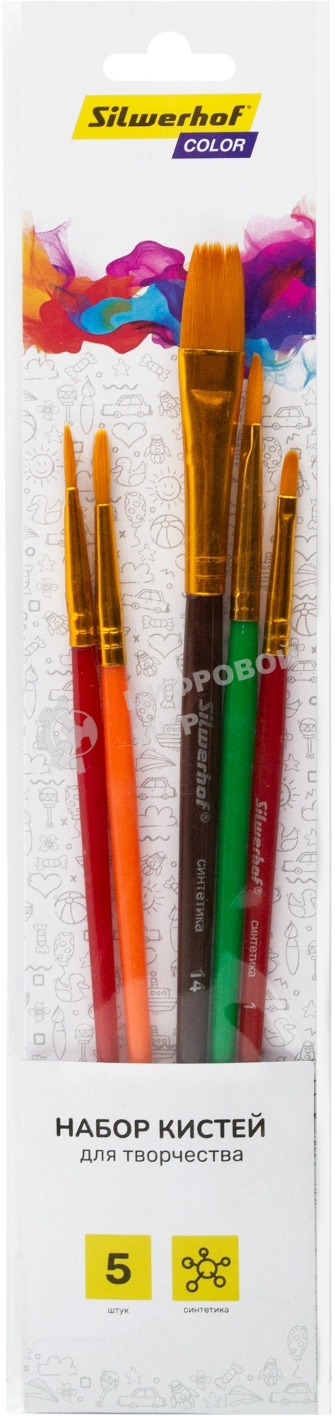Набор кистей Silwerhof Color, синтетика (набор 5шт) синтетика круглая №3/плоская №2,6,14/овальная №1