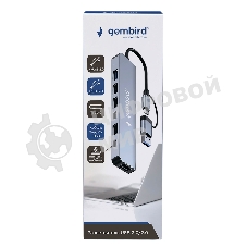 Разветвитель USB3.0/2.0 Gembird UHB-C445, USB3.0, 4хUSB2.0, Type-C, с доп.питанием (порт Type-C), кабель Type-C/USB 17см, алюминий, коробка