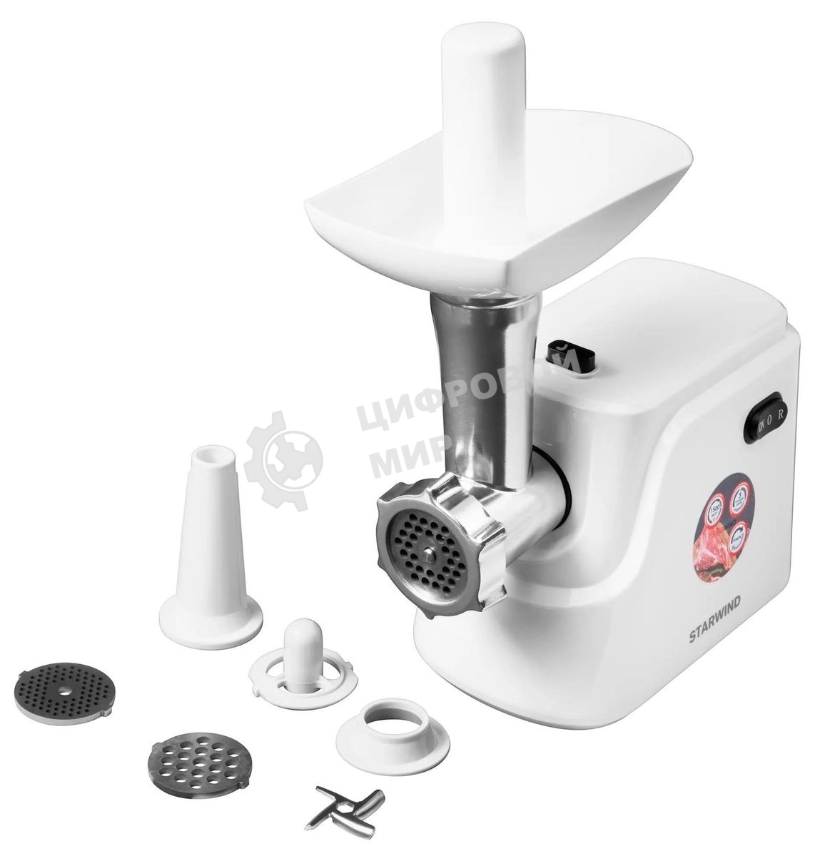 Мясорубка электрическая Starwind SMG3120 белый, 1500 Вт, 2.0 кг/мин, реверс, защита от перегрузки, насадки - 5