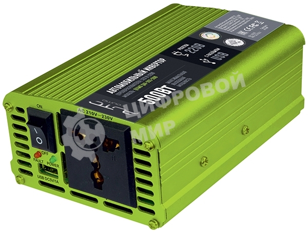 Автомобильный инвертор (преобразователь) постоянного тока 12В в переменный ток 220В, модель QUMO QAI-901-500 (Inv 001), максимальная выходная мощность 500Вт, встроенный разъем USB