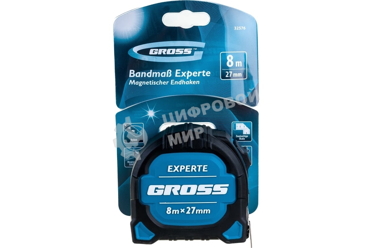Рулетка Experte, 8 м x 27 мм, двухкомпон. корпус, магнит, двухстор. разметка, нейлон Gross