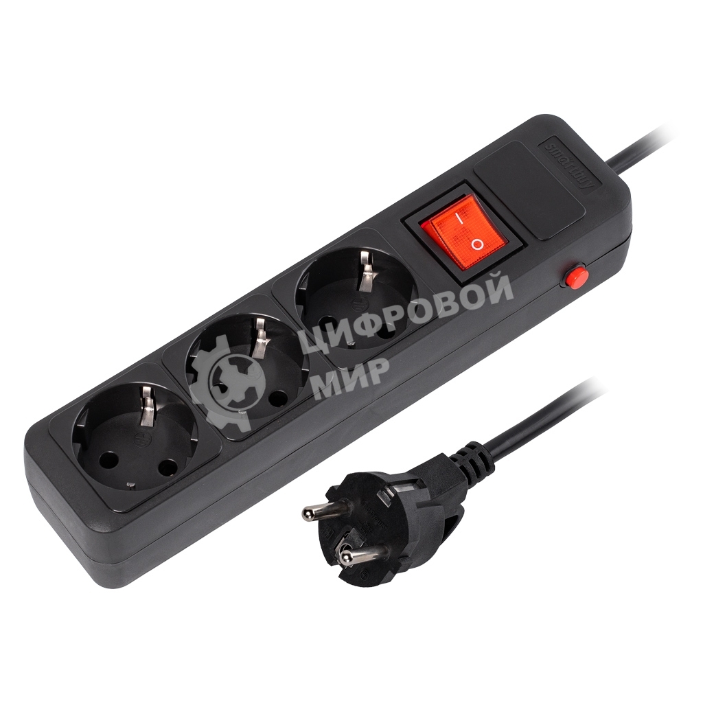 Сетевой фильтр 16А, 3500 Вт, 3 гнезда, без з/ш, с з/к, ПВС 3x1.0, 1,8 м, черный (SBSP-3-18-K)