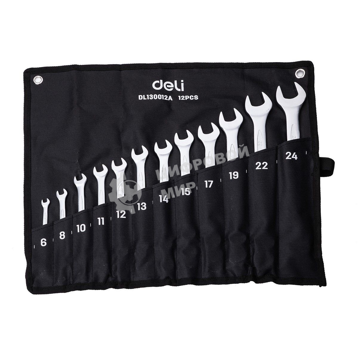 Набор комбинированных гаечных ключей 12 шт Deli DL130012A Спецификация: 6 мм, 8 мм, 10 мм, 11 мм, 12 мм, 13 мм, 14 мм, 15 мм, 17 мм, 19 мм, 22 мм, 24 мм. Матовая хромированная поверхность. Тканевая упаковка.