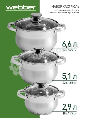 Набор посуды WEBBER BE-615/6 из нерж.стали 6 пр. 2,9 л, 5,1 л, 6,6 л со стеклянными крышками В наборе 6 предметов: кастрюля со стеклянной крышкой 18х11,5 см; 2,9 л кастрюля со стеклянной крышкой 22х13,5 см; 5,1 л кастрюля со стеклянной крышкой 24х14,5 см; 6,6 л Толщина стали 0,5 мм