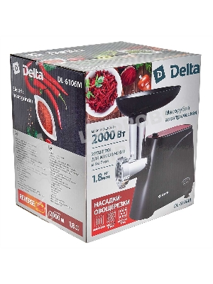 Мясорубка электрическая DELTA DL-6106M черный, 2000 Вт, 1.8 кг/мин, реверс, защита от перегрузки, насадки - 5