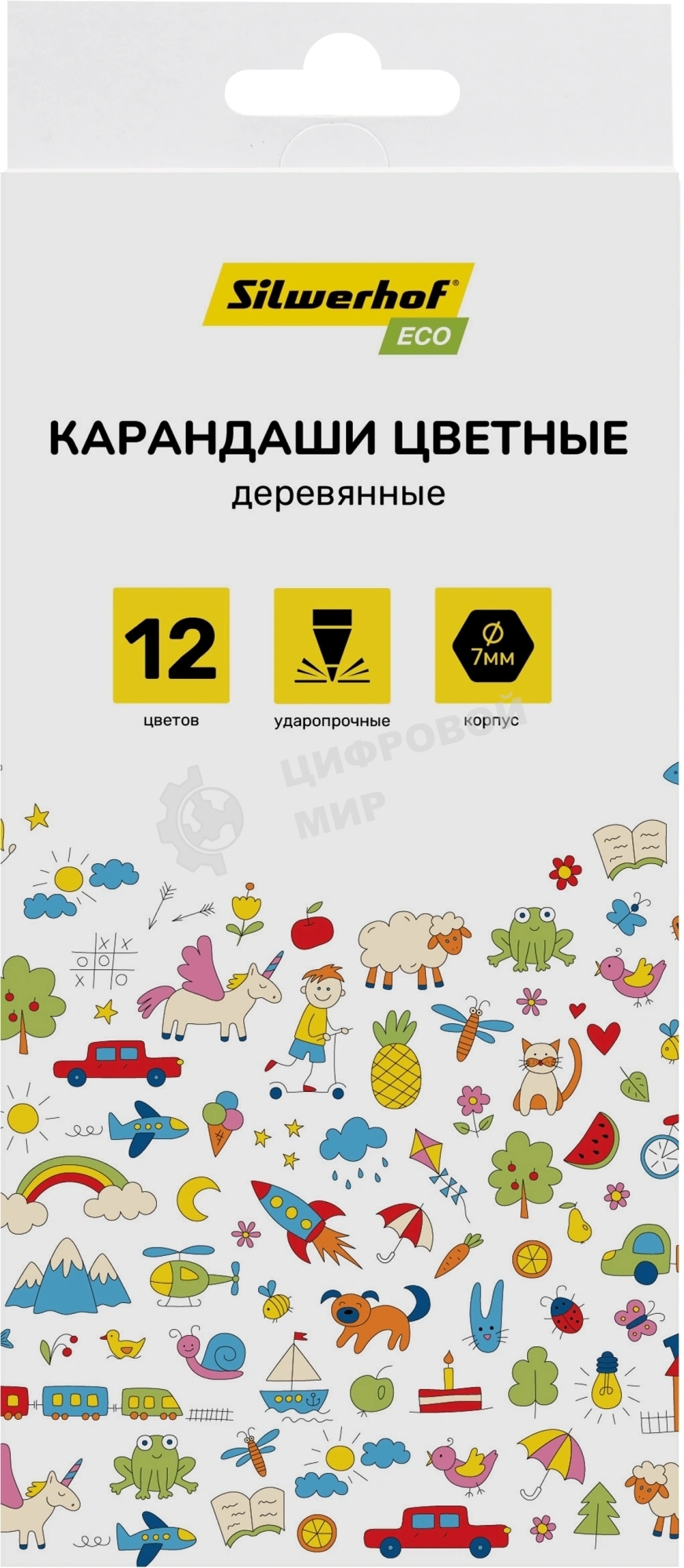 Карандаши цветные Silwerhof Eco 2.65 мм, шестигранный профиль, дерево, ассорти, 12 цветов, коробка с европодвесом