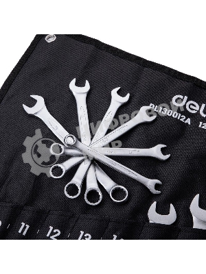 Набор комбинированных гаечных ключей 12 шт Deli DL130012A Спецификация: 6 мм, 8 мм, 10 мм, 11 мм, 12 мм, 13 мм, 14 мм, 15 мм, 17 мм, 19 мм, 22 мм, 24 мм. Матовая хромированная поверхность. Тканевая упаковка.