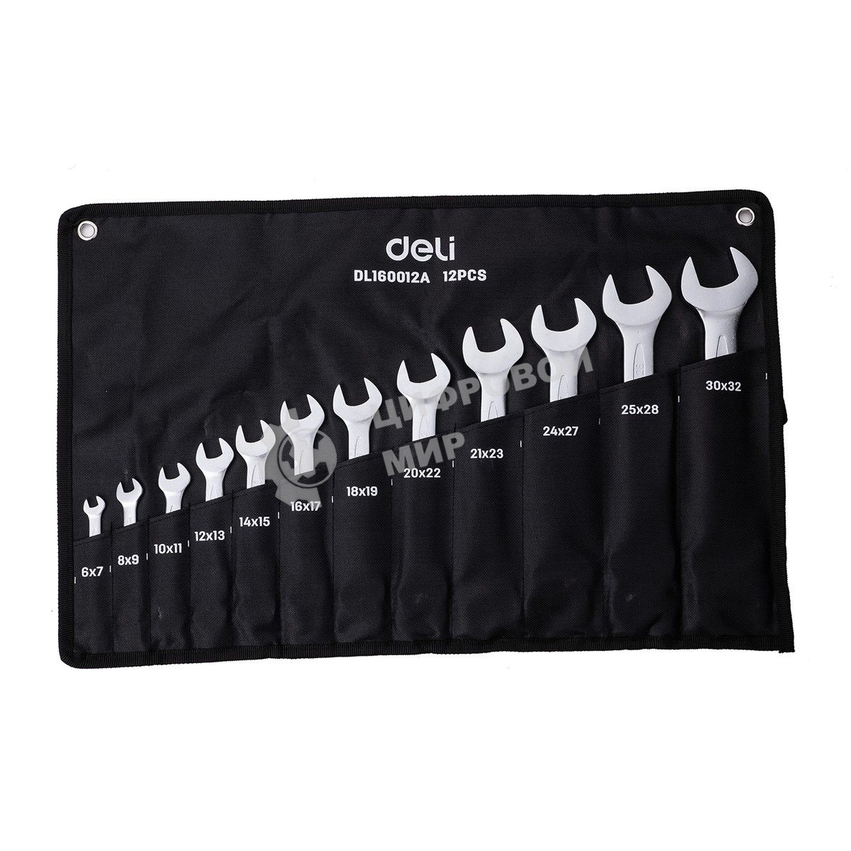 Набор двусторонних гаечных ключей 12 шт Deli DL160012A Спецификация: 6x7мм, 8x9мм, 10x11мм, 12x13мм, 14x15мм, 16x17мм, 18x19мм, 20x22мм, 21x23мм, 24x27мм, 25x28мм, 30x32мм. Матовая хромированная поверхность. Тканевая упаковка.