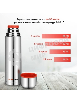 Термос Starwind 10-1000 1 л. серебристый/красный, картонная коробка