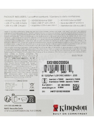 Внешний SSD Kingston XS1000, 2TB, USB 3.2 Gen 2 Type-C, R/W 1050/1000, черный