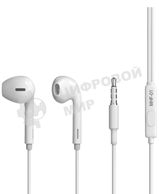 Проводные наушники Maxvi MHF-01 белый, вкладыши, проводной (Jack 3.5 мм), встроенный микрофон