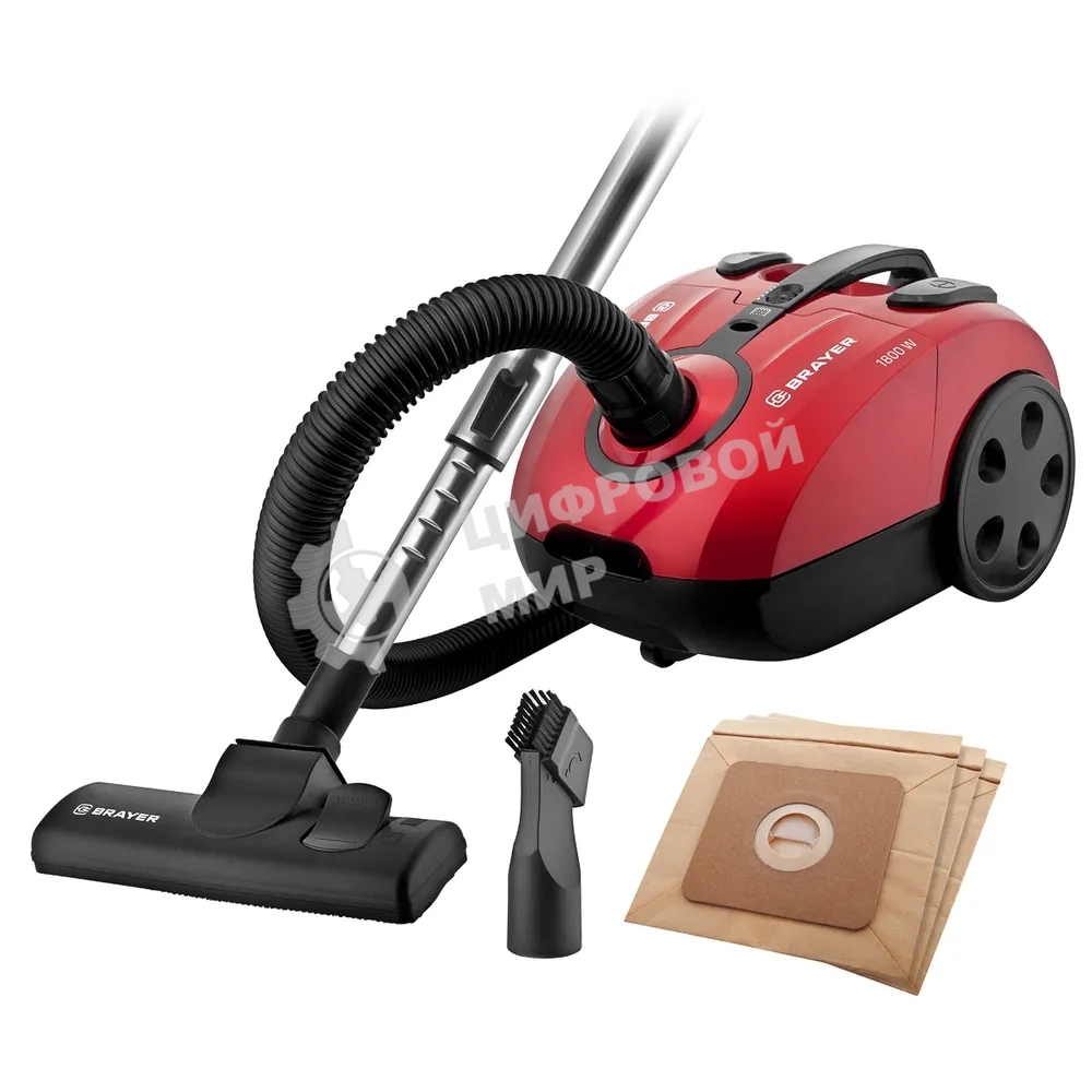 Пылесос BRAYER BR4223 черный/красный, 380/1800 Вт, уборка сухая, пылесборник мешок 2.5 л