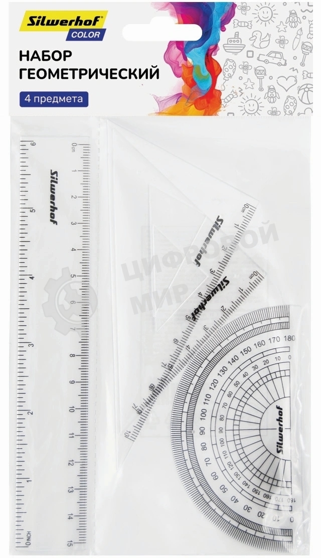 Набор линеек Silwerhof Color, пластик, прозрачный, в комплекте: линейка 15 см/угольник 30х11 см/угольник 45х8 см/транспортир 180
