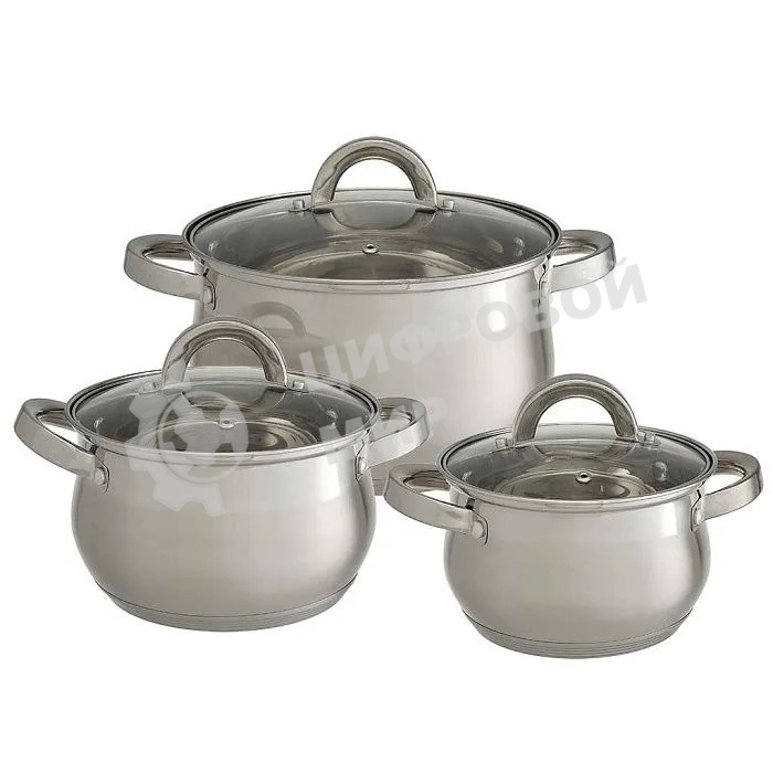 Набор посуды WEBBER BE-616/6 из нерж.стали 6 пр. 2,1 л, 2,9 л, 3,9 л со стеклянными крышками В наборе 6 предметов: кастрюля со стеклянной крышкой 16х10,5 см; 2,1 л кастрюля со стеклянной крышкой 18х11,5 см; 2,9 л кастрюля со стеклянной крышкой 20х12,5см; 3,9л Толщина стали 0,5 мм