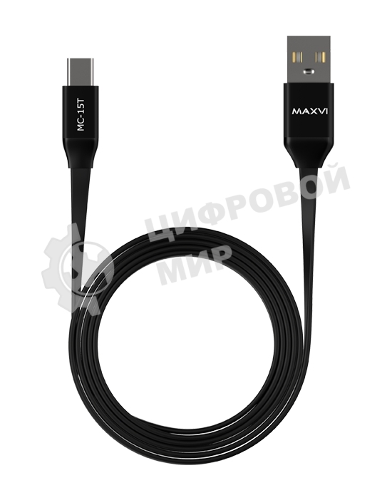 Кабель Maxvi MC-15T black, USB-A - Type-C, 2A ток макс. нагрузки 2А, макс. напряжение 5V; стандарт USB 2.0; плоский кабель, длина 1м, оплетка TPE, металлические корпуса разъемов, цвет черный