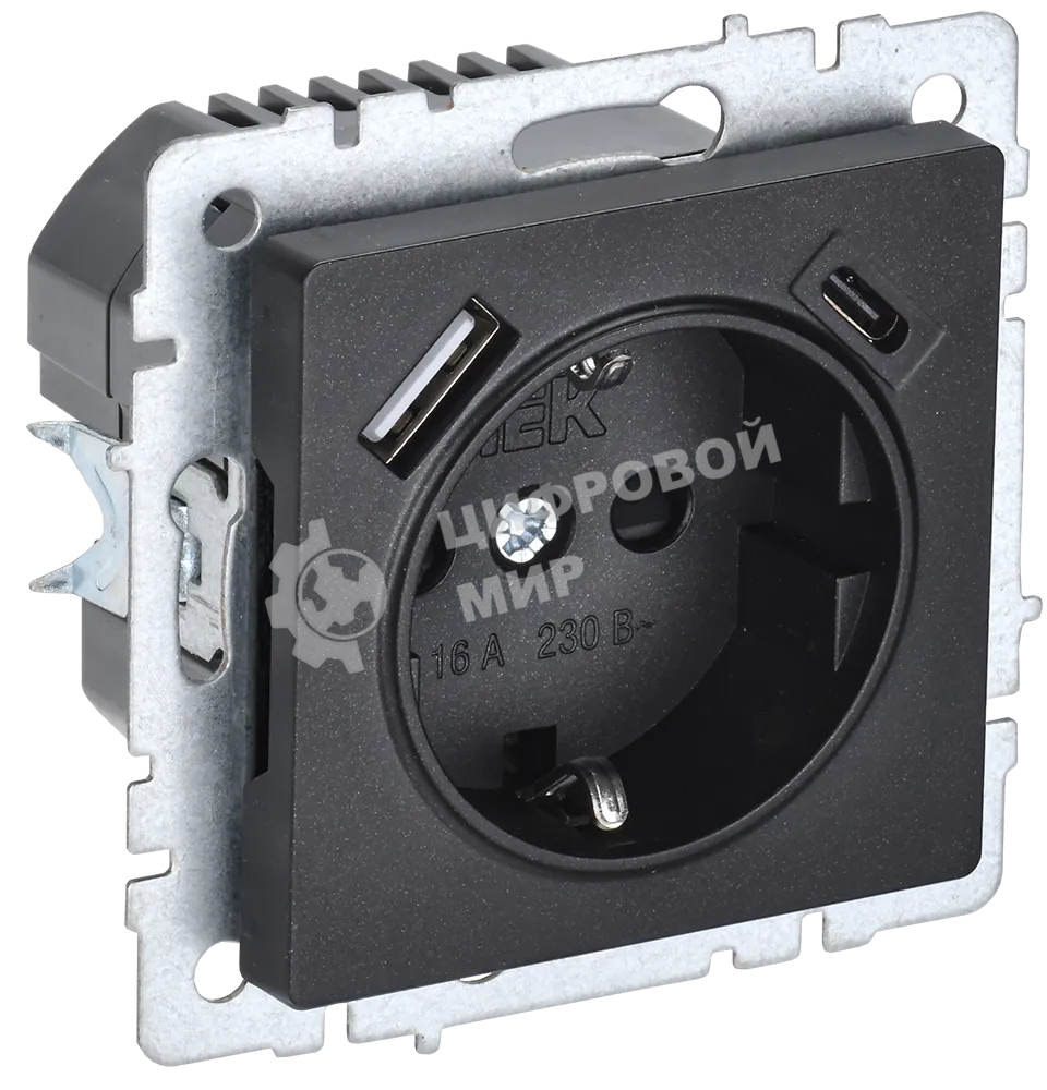Розетка 1-местная IEK BRITE РЮш11-1-БрЧ (BR-R14-16-U22-018-K02) с заземлением, с защитными шторками, 16А, с USB A+C 18В т, черный