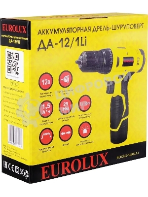 Дрель-шуруповерт Eurolux ДА-12/1Li, 12 В, 1.5 Ач, 25 Нм, щеточный