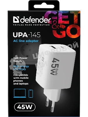 Сетевое зарядное устройство Defender UPA-145 45W, USB A+C, белый