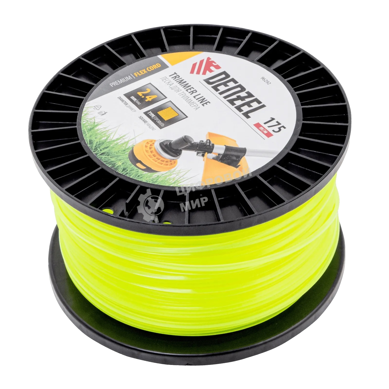 Леска для триммера Denzel квадрат, 2,4мм х 175м, на DIN катушке FLEX CORD