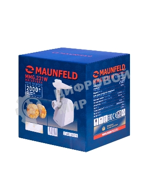Мясорубка электрическая Maunfeld MMG.231W белый, 2000 Вт, 1.5 кг/мин, реверс, защита от перегрузки, насадки - 5