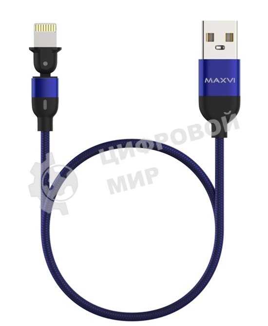 Кабель Maxvi MC-19L blue, USB-A - Lightning, 2.4A, LED ток макс. нагрузки 2.4А, макс. напряжение 5V; стандарт USB 2.0; длина кабеля 1.5м, нейлоновая оплетка, металлические корпуса разъемов,LED подсветка, цвет: синий