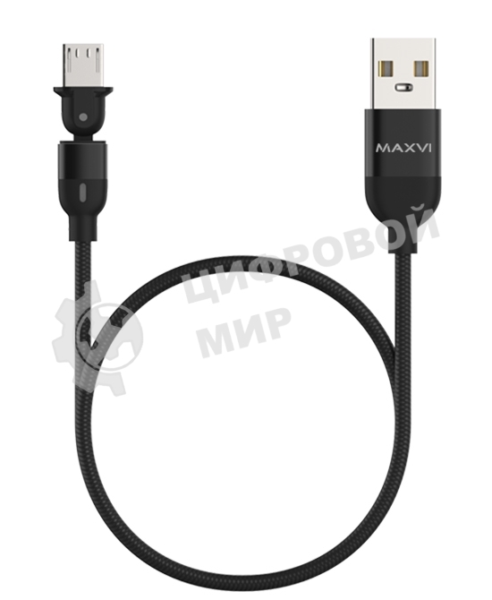 Кабель Maxvi MC-19M black, USB-A - microUSB, 2.4A, LED ток макс. нагрузки 2.4А, макс. напряжение 5V; стандарт USB 2.0; длина кабеля 1.5м, нейлоновая оплетка, металлические корпуса разъемов,LED подсветка, цвет: черный