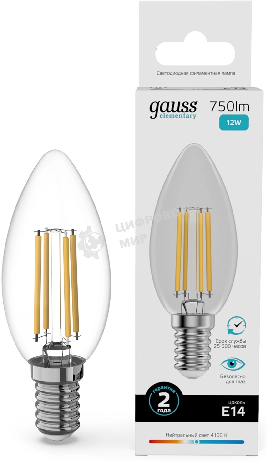 Лампа светодиодная филаментная Gauss Filament 12Вт цок.:E14 свеча св.свеч.бел.нейт. (упак.:10шт)