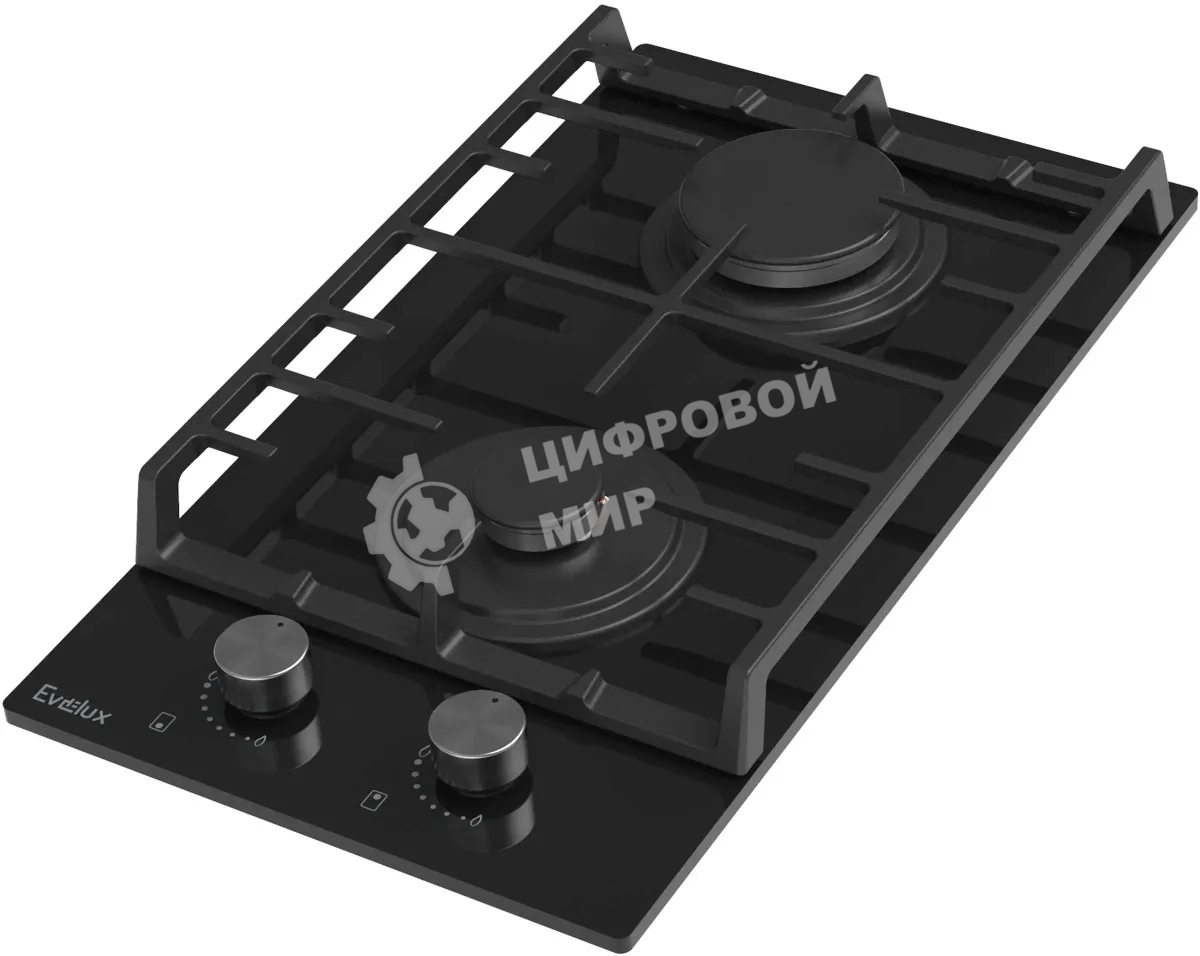 Газовая варочная панель EVELUX HEG 360 BG, Hi-Tech, 30 см, 2 конфорки, газ-контроль, электроподжиг, черный