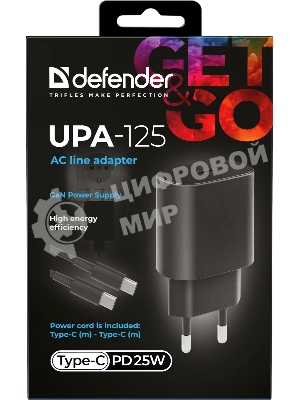Сетевое зарядное устройство Defender UPA-125 25W,USB C,кабель Type-C,черный