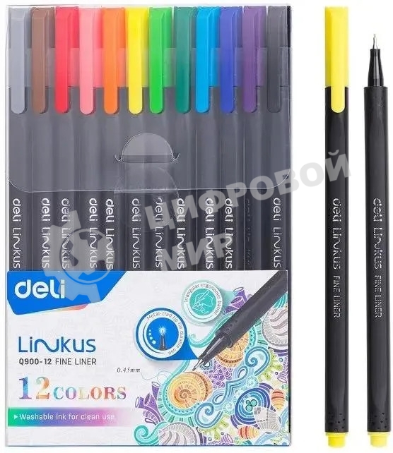 Набор ручек капиллярных Deli Linkus (EQ900-12), d=0.45мм, ассорти чернила, игловидный пишущий наконечник, линия 0.45мм, 12 цветов