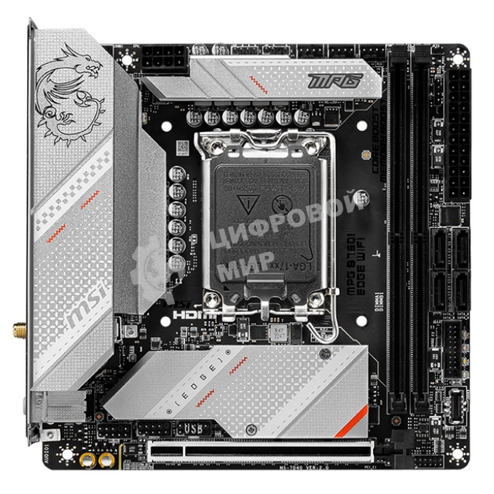 Материнская плата MSI MPG B760I EDGE WIFI, LGA 1700, Intel B760, 2xDDR5, 4xSATA, 2xM.2, 1xPCIe 5.0 x16, 1xHDMI, 1xDP, 1x 2.5Gb LAN, 4xUSB-A 3.2 Gen 1, 1xUSB-A 3.2 Gen 2, 2xUSB-A 2.0, 1xUSB-C 3.2 Gen 2, 3x3.5 мм, 7.1, Mini-ITX