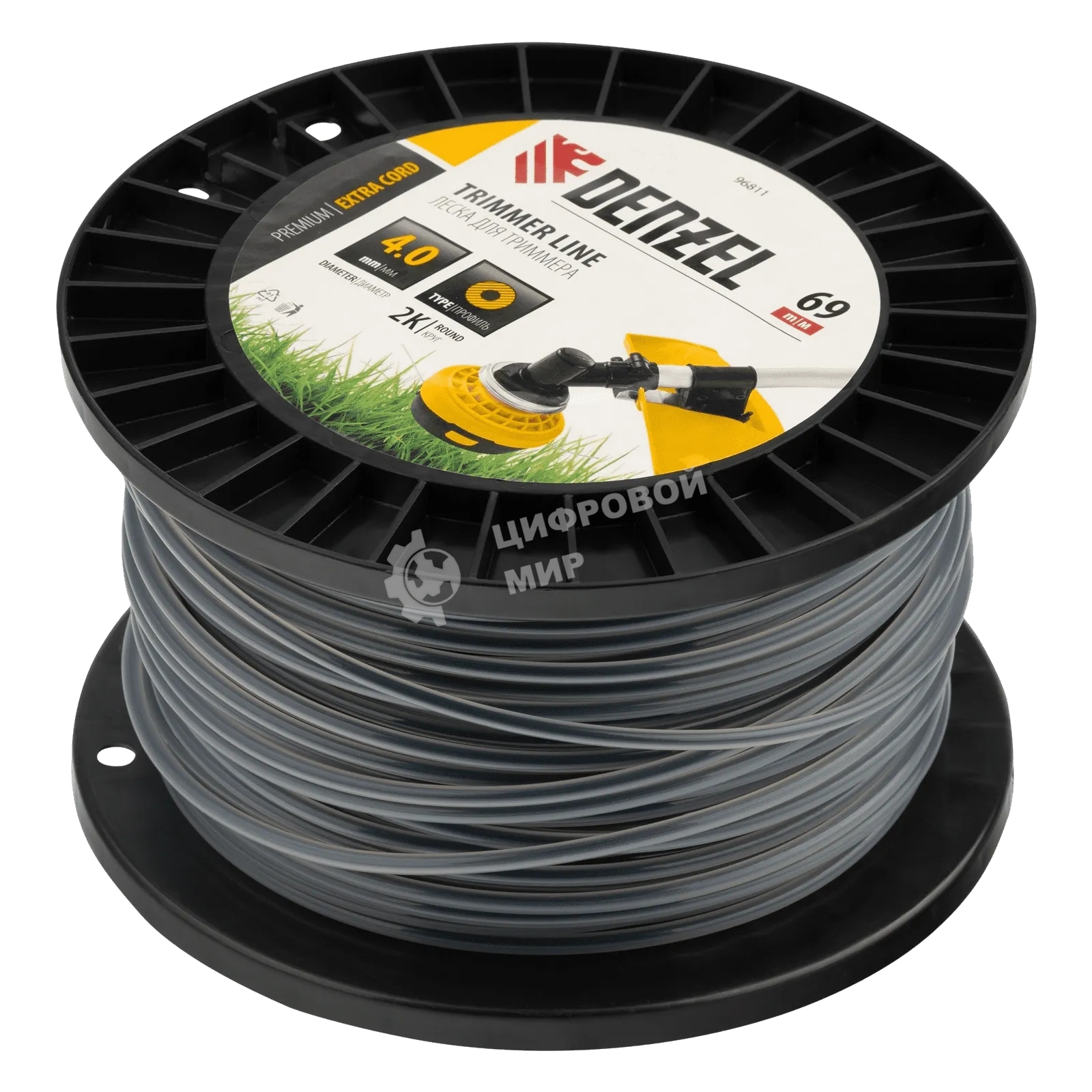 Леска для триммера Denzel двухкомпонентная круглая, 4,0мм х 69м, на DIN катушке EXTRA CORD