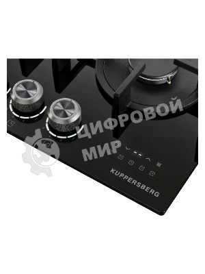 Варочная поверхность Kuppersberg FG 68 B газ, High-Tech, 60 см, автоматический электроподжиг, газ-контроль, форсунки под сжиженый газ, механическое/сенсорное управление, таймер, блокировка панели управления, подсветка панели управления, SABAF конфорки, чугунные решетки, цвет черный, цвет фурнитуры черно-серебристый