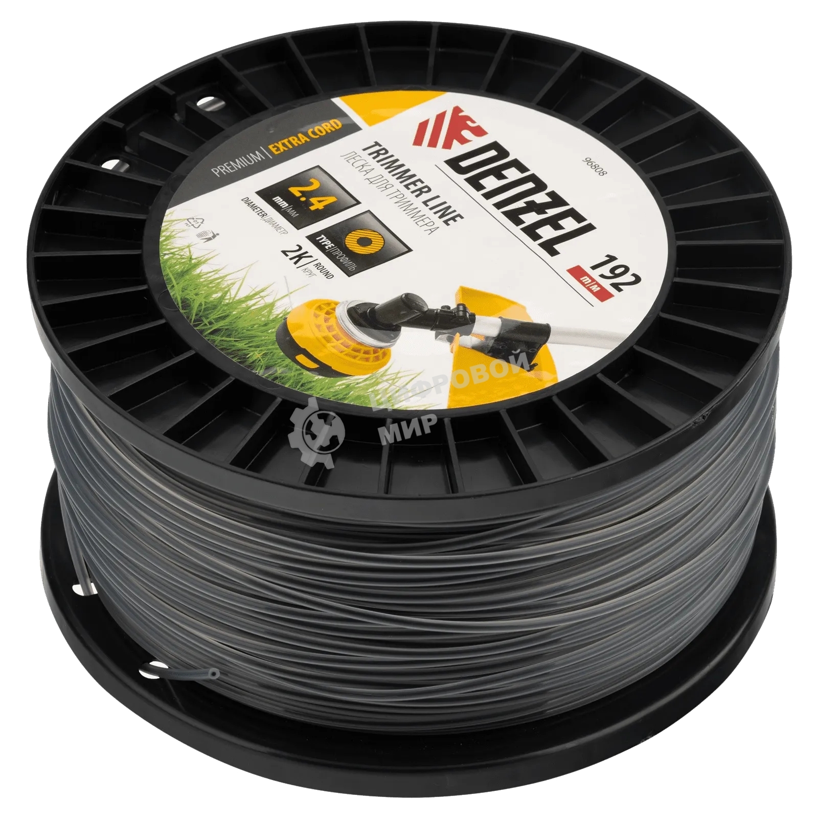 Леска для триммера Denzel двухкомпонентная круглая, 2,4мм х 192м, на DIN катушке EXTRA CORD