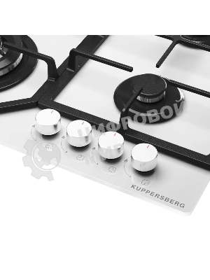 Варочная поверхность Kuppersberg, газ, High-Tech, 60 см, автоматический электроподжиг, газ-контроль, SABAF конфорки, чугунные решетки, WOK конфорка, цвет белое стекло, цвет фурнитуры белый