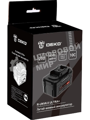 Аккумулятор DEKO R-UNV6.0 ULTRA+, Li-ion, 20В, 6.0А*ч, с повышенной токоотдачей