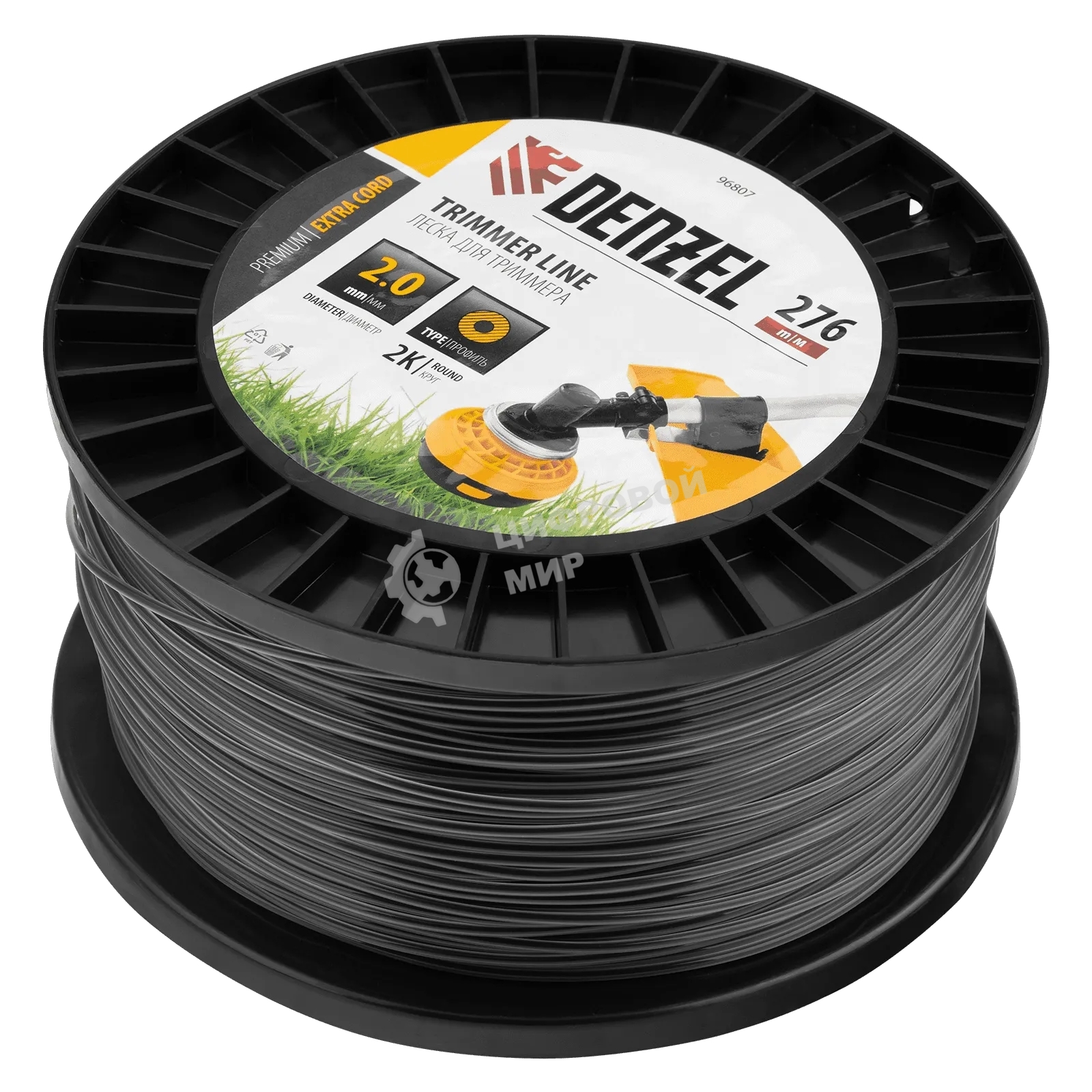 Леска для триммера Denzel двухкомпонентная круглая, 2,0мм х 276м, на DIN катушке EXTRA CORD