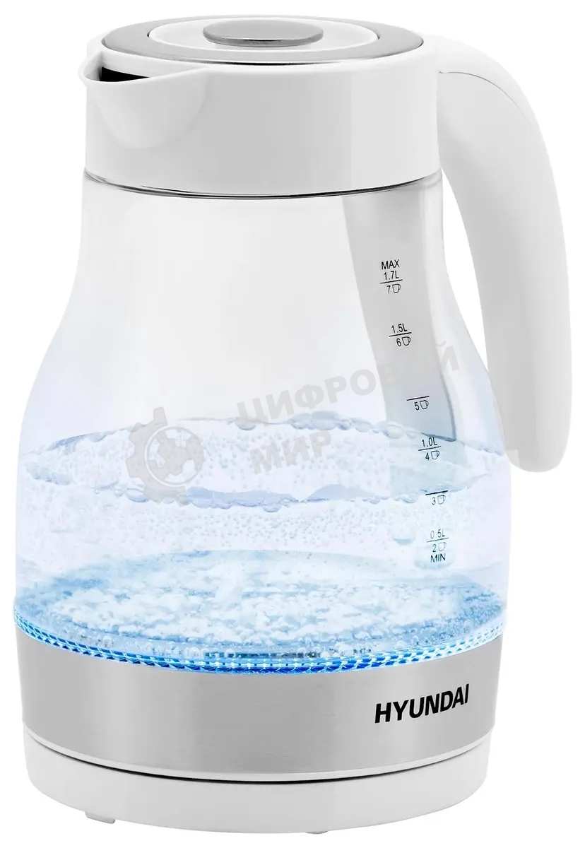 Чайник электрический Hyundai HYK-G3802 1.7 л, 2200 Вт, белый/серебристый (корпус: стекло)