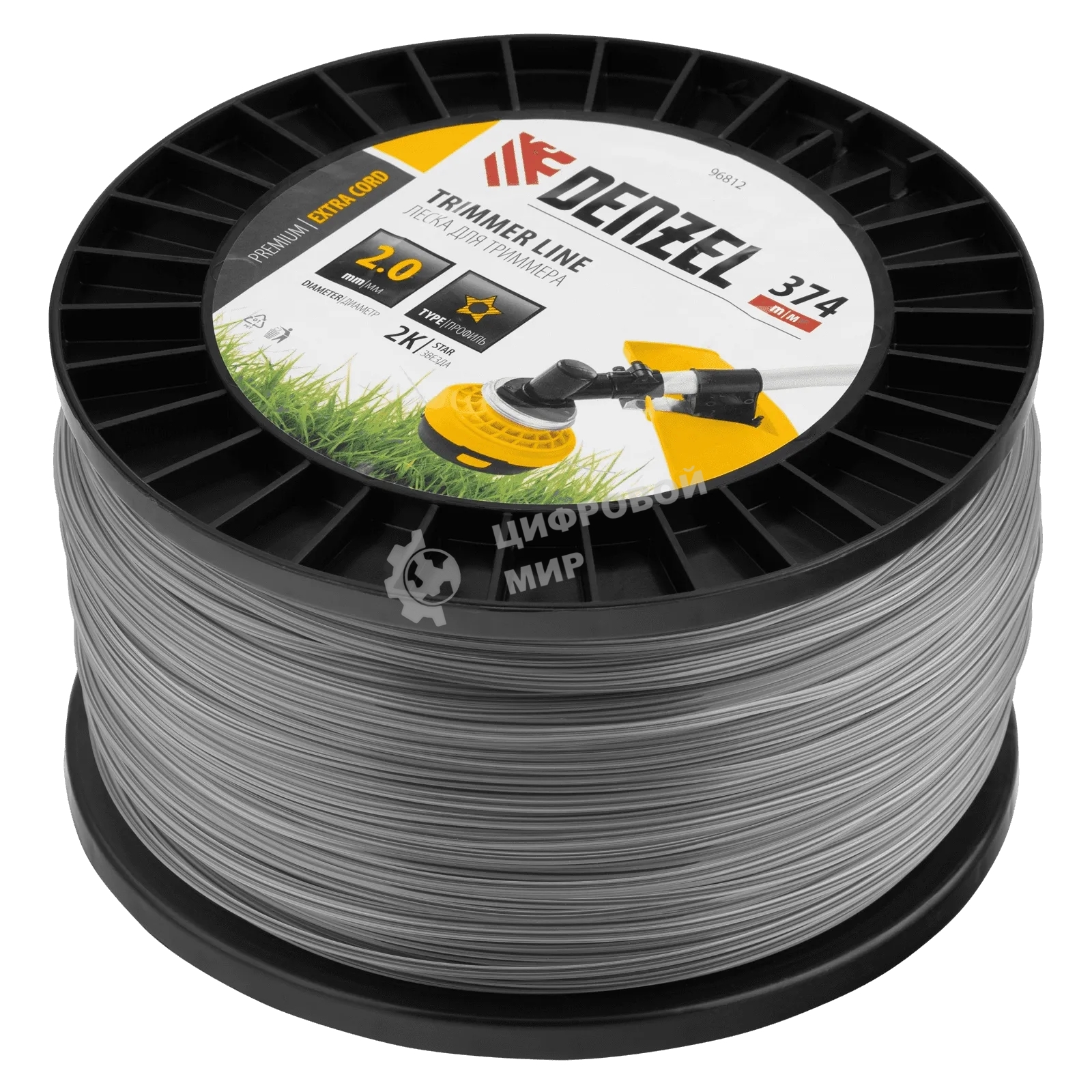 Леска для триммера Denzel двухкомпонентная звезда, 2,0мм х 374м, на DIN катушке EXTRA CORD