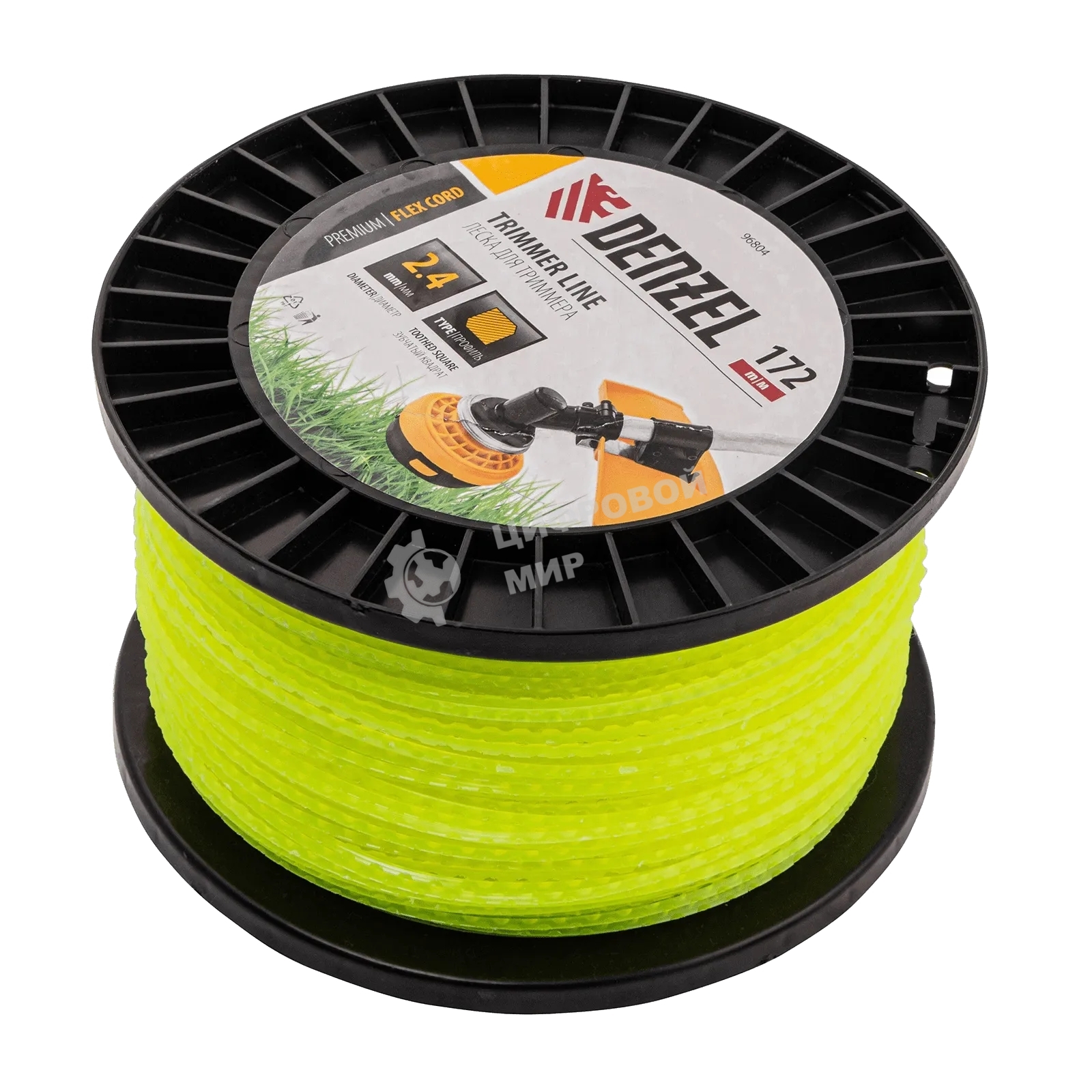 Леска для триммера Denzel зубчатый квадрат, 2,4мм х 172м, на DIN катушке FLEX CORD