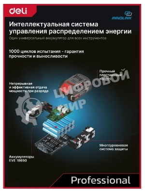 Дрель-шуруповерт Deli DE-CZ20-1D2, 20 В, 2 Ач, 70 Нм, бесщеточный, ударный