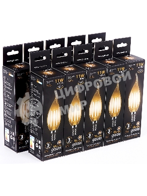 Лампа светодиодная филаментная Gauss Filament 11Вт цок.: E14 свеча 220B св. свеч. бел. теп. CF35 (упак.: 10 шт)