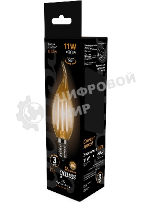 Лампа светодиодная филаментная Gauss Filament 11Вт цок.: E14 свеча 220B св. свеч. бел. теп. CF35 (упак.: 10 шт)