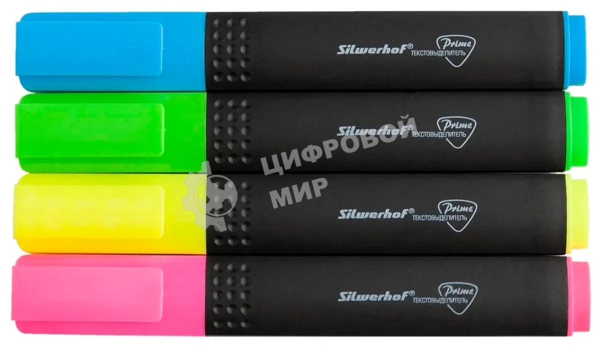 Набор текстовыделителей Silwerhof Prime+, скошенный пишущий наконечник, 1-4мм, 4 цвета, ассорти/голубой пакет с европодвесом (4шт.)