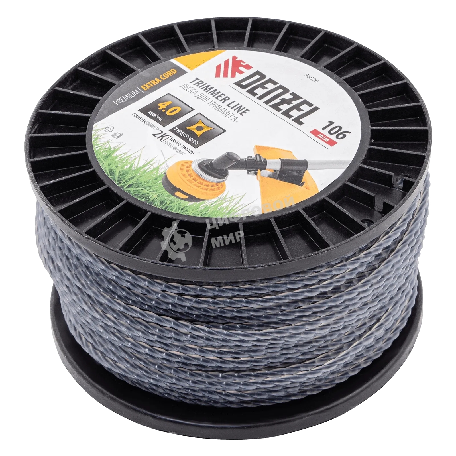 Леска для триммера Denzel двухкомпонентная витой квадрат, 4,0мм х 106м, на DIN катушке EXTRA CORD