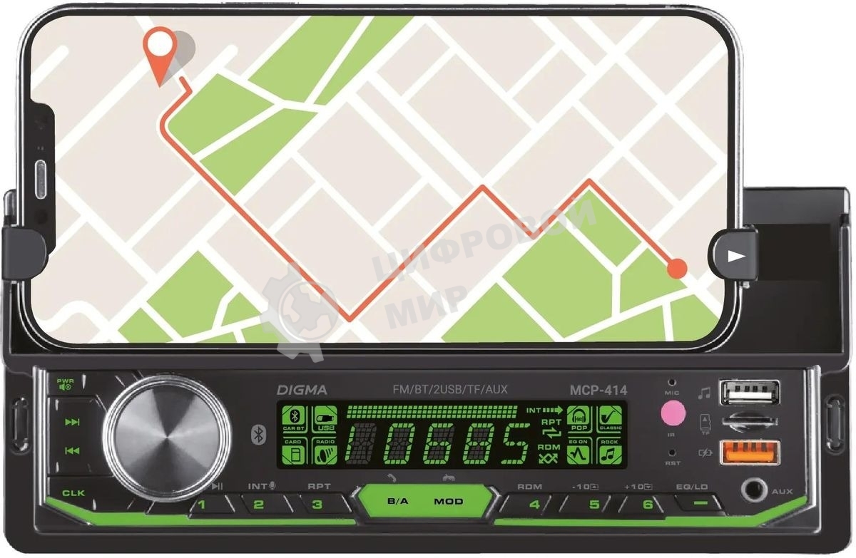 Автомагнитола Digma MCP-414, 1 DIN, Bluetooth, USB Type-A, AUX, пульт ДУ