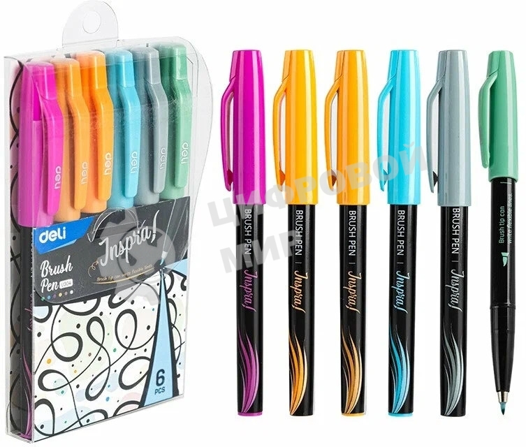 Набор ручек ручка-кисть Deli Inspira EU304 черн, ассорти чернила, блистер с европодвесом, 6 цветов, на водной основе