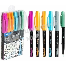 Набор ручек ручка-кисть Deli Inspira EU304 черн, ассорти чернила, блистер с европодвесом, 6 цветов, на водной основе