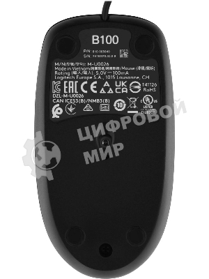 Мышь проводная Logitech B100 черный, 1000 dpi, USB, кнопки - 3